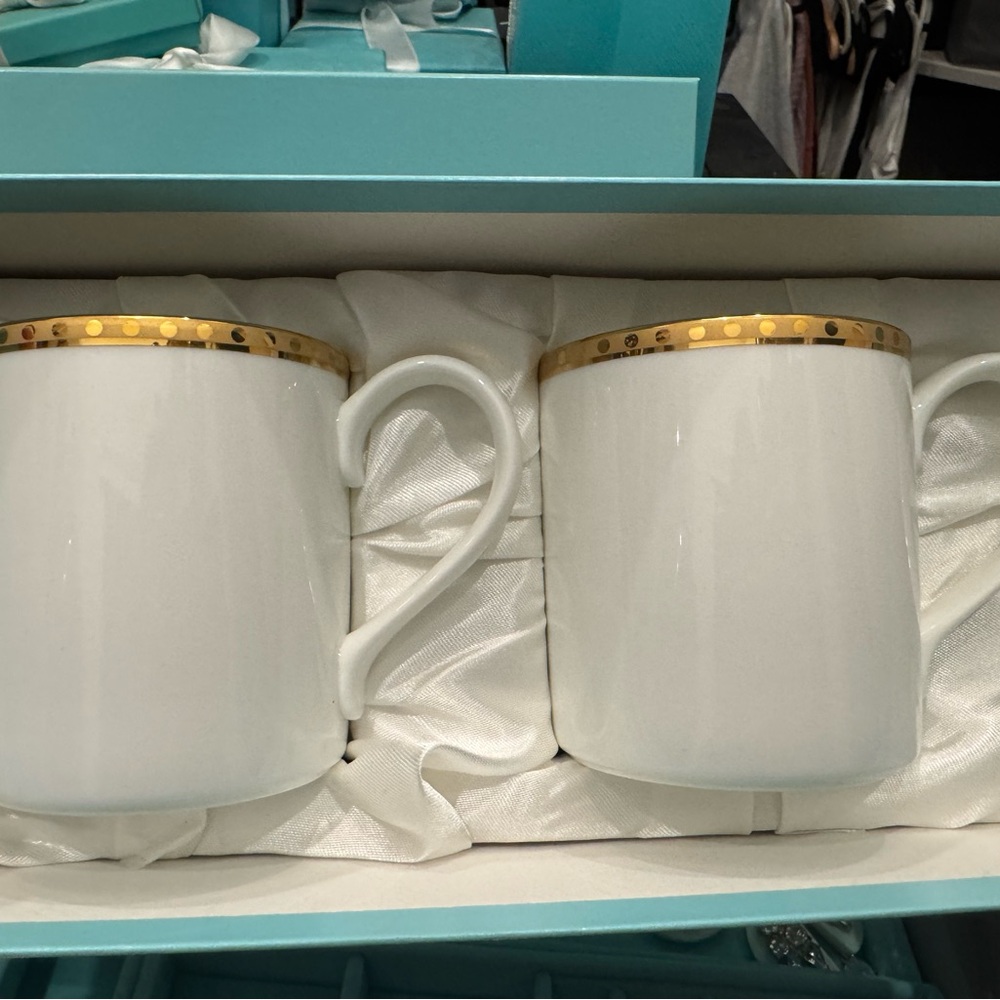 Tiffany & Co. White Mugs with Gold Accents